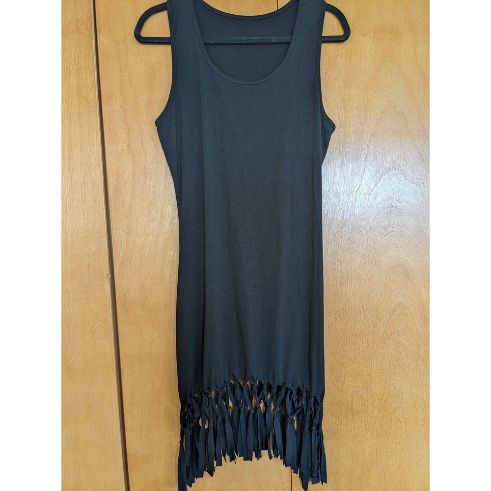 Pinziko Women Black Sleeveless Fringe Hem Racerback Tank Mini Dress Small